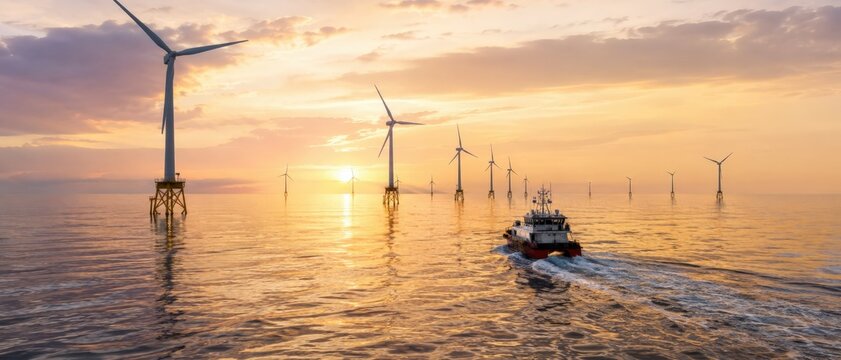 Parc &eacute;olien offshore avec bateau de maintenance au coucher du soleil