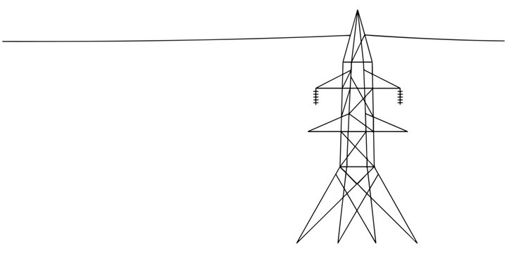  power pylon continuous one line drawing, Continuous one line drawing of a power line tower. Concept of electricity, energy and infrastructure, 