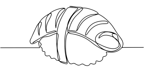 sushi  continuous one line drawing, Sushi set, Philadelphia roll, maki, Sushi roll with chopsticks in hand one line art. Continuous line drawing of sushi, japanese, food, roll, culture, tasty © Line sA