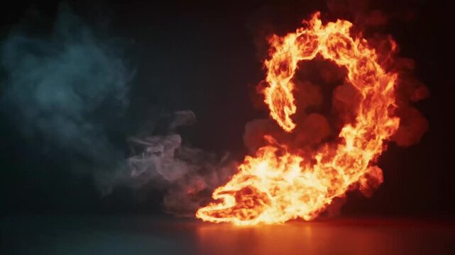 Blazing flames form a swirling crescent shape on a dark background with smoke