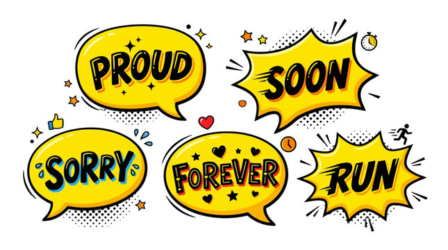 Emotional comic bubbles with proud and sorry text.