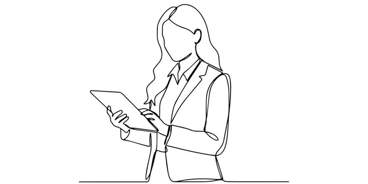  business suit holding a tablet  continuous one line drawing, Continuous one line drawing of a professional businesswoman in formal suit holding a digital tablet and gesturing while presenting