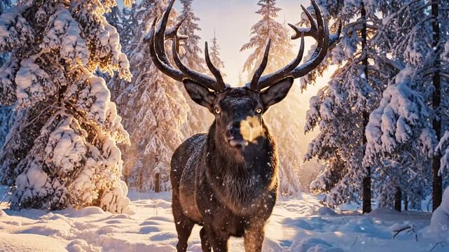 Majestic stag with large antlers standing in snowy forest.