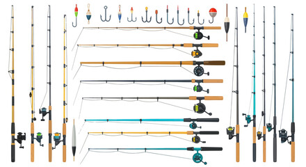 Assortment of modern fishing rods reels hooks and bobbers © emily
