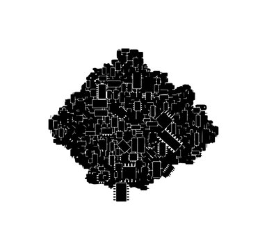 Black pixel art tree, digital illustration, coding symbols, binary code, monochrome vector graphic