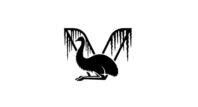 Black and white illustration of a stylized emu bird.