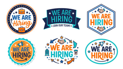 Obraz premium Collection of colorful we are hiring badges and labels indicating open positions, inviting new candidates, and communicating job recruitment for various roles