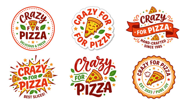 Various pizza logo badges showcasing a love for fast food, designed with playful typography and cheerful pizza slice illustrations, ideal for branding and advertising