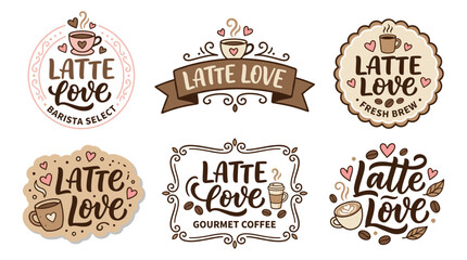 Fototapeta premium Latte love concept with various coffee shop hand drawn badge designs, including hearts, beans, steam, cups, and typography for cafe branding and menu