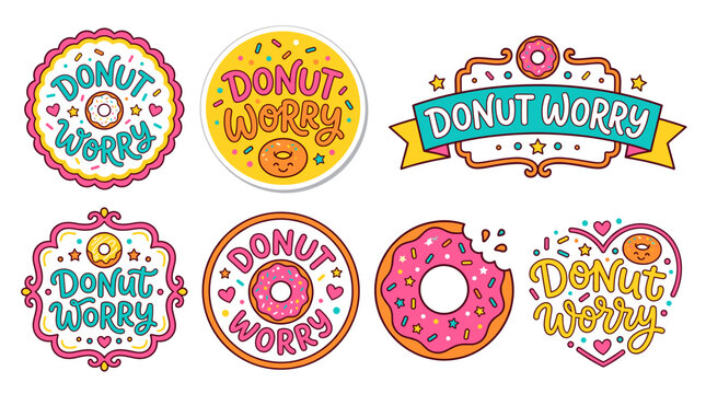 Colorful donut worry design collection embodying positive puns, cartoon donuts, sweet treats, and sprinkle decorations for cheerful sticker, badge, and emblem graphics