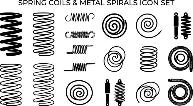Spring coils. Metal spiral spring, car motor coil swirls silhouette, wire springs, metallic flexible coils and line steel curved spiral isolated vector icons set. black steel helix, suspension symbols