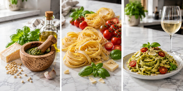 Beautiful culinary collage of cooking Italian pasta with pesto sauce, featuring raw fettuccine nests, cherry tomatoes, fresh basil, and a served plate with white wine, horizontal banner.