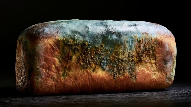 Moldy bread sits on a dark background showing green and blue colors after being stored for too long and not eaten