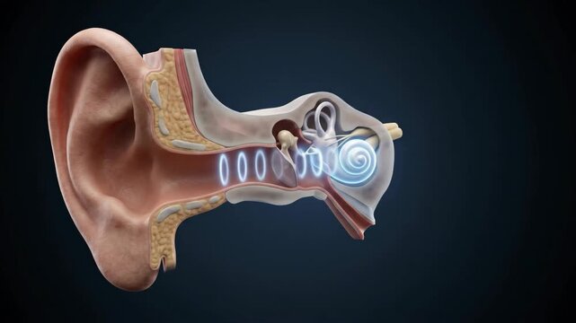 Cross section of human ear with glowing sound waves animation