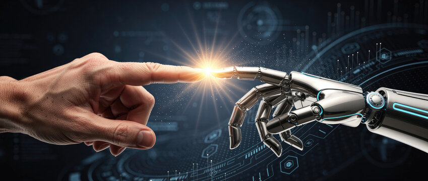 Human Finger Touching Robot Finger With Glowing Light.