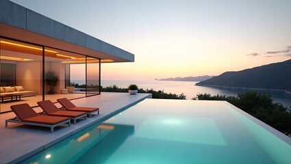 Fototapeta premium Luxury modern cliff villa with infinity pool, orange lounge chairs and calm ocean sunset view.
