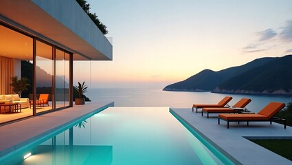Fototapeta premium Cliffside modern villa with infinity pool, orange lounge chairs, peaceful sea and mountain sunset scenery.