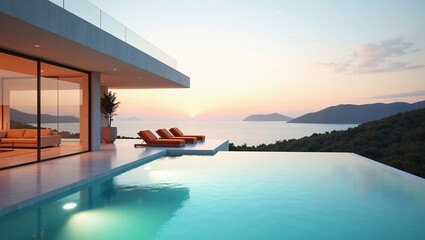 Fototapeta premium Modern cliff villa with infinity pool, orange loungers, overlooking calm sea and mountain sunset.