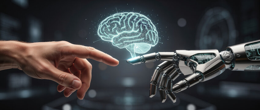 Human and robot hands reaching towards a glowing digital brain, symbolizing AI and human connection.