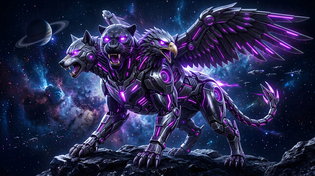 Cybernetic chimera a futuristic mechanical beast with three headsa panther, a wolf, and an eaglefeaturing glowing purple neon accents, metallic armor plating, and large wings, set against a cosmic spa