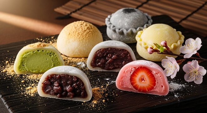 Assortment of delicious japanese mochi desserts with various flavors and textures
