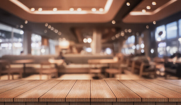 Empty wooden table top with lights bokeh on blur restaurant background.