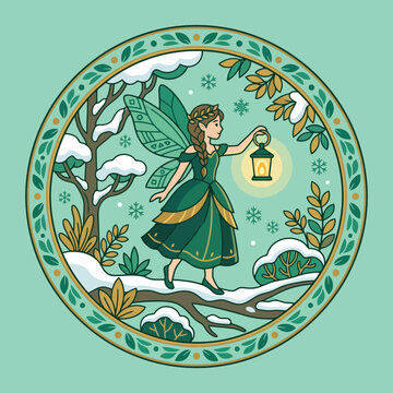 A whimsical winter fairy holds a glowing lantern in the snow