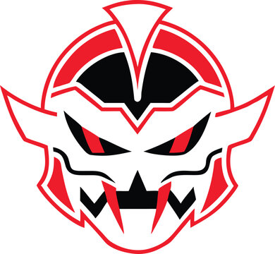Intimidating red and black monster or demon face with sharp fangs and aggressive fiery eyes