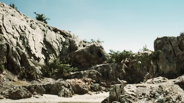 A rocky area with large stones and patches of green plants is seen under a clear blue sky. There are no people present in this outdoor setting. The ground is sandy and dry.