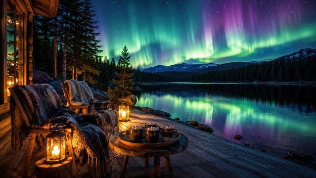 Cabane au bord du lac sous une aurore bor&eacute;ale spectaculaire