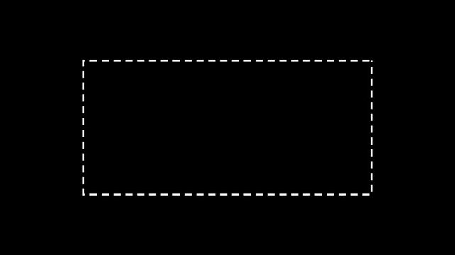 Dotted line rectangle frame animation on black background. Animation of a dotted line path from left to right point. border frame dotted line animation isolated on white screen.