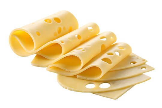 Swiss cheese slices, traditional dairy product from Switzerland, Emmental cheese, isolated on transparent or white background