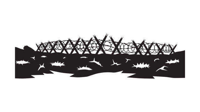 Barbed Wire Fence and Barricades Silhouette.