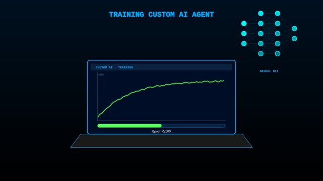 Artificial intelligence machine learning training process with neural network visualization animation