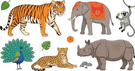 Indian Wildlife and Jungle Animals Vector Clip Art Set Featuring Royal Bengal Tiger, Decorated Elephant, Rhinoceros, Leopard, Peacock, and Monkey Icons © Rownok