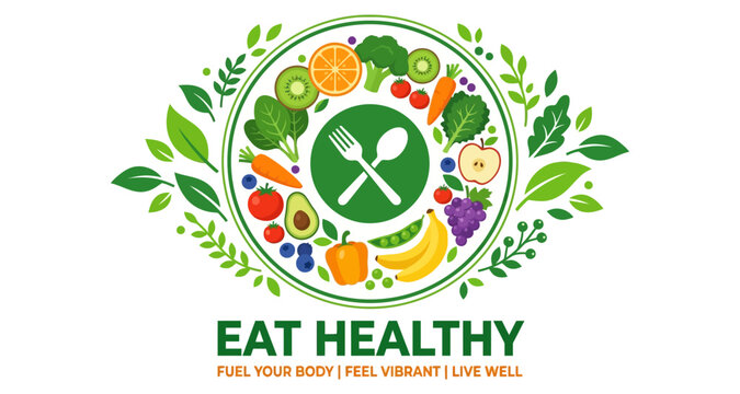 Healthy food circle logo with cutlery and leaves in a vibrant design isolated on white background