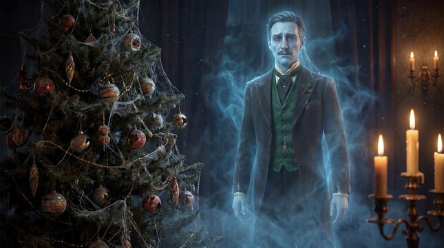 Mystical Ghostly Man in Victorian Attire Standing Near Christmas Tree Surrounded by Candles and Blue Light Effect Creating Eerie Atmosphere
