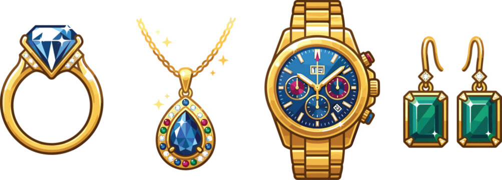 Luxury Gold Jewelry and Luxury Wristwatch Vector Icon Set with Diamond Engagement Ring Gemstone Pendant Necklace and Emerald Earrings for Fashion Retail Designs