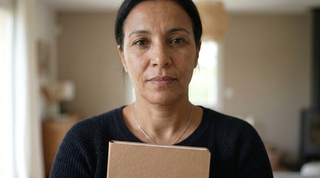 Serious middle aged woman holding a cardboard shipping box in a home setting looking at camera