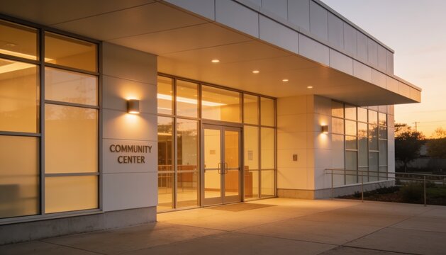 Modern community center building with large glass windows and illuminated entrance at dusk, featuring a welcoming atmosphere for local gatherings and events
