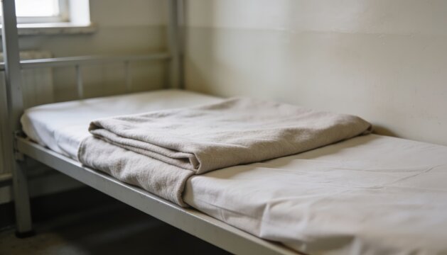 Unmade single bed with a neatly folded beige blanket in a simple room with white walls and a window, conveying a sense of minimalism and solitude