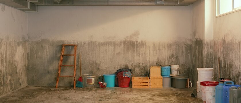 Empty room with cleaning supplies and tools against a dirty wall in a basement during daytime