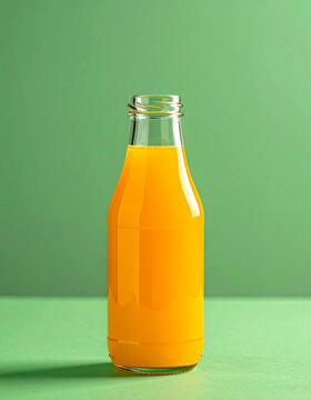 Glass bottle of fresh orange juice, vibrant healthy beverage, green background, tasty drink. Close-up.