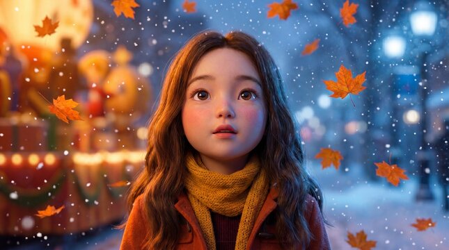 Young girl with long hair wearing a mustard scarf and coat standing outdoors in autumn park with falling orange leaves during dusk or early evening lighting