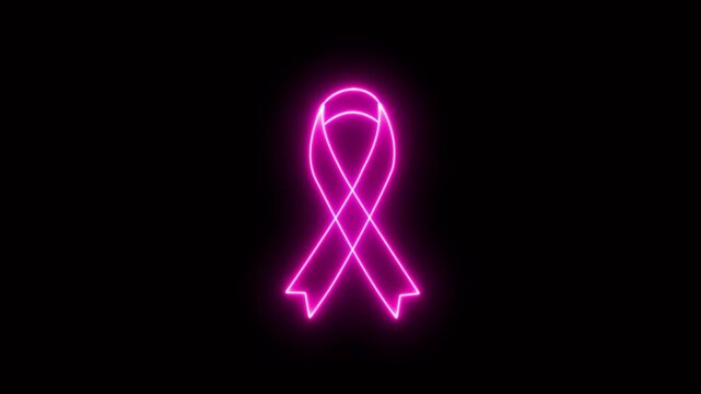 4K Pink color neon mourning ribbon stock animation. Slow motion breast cancer awareness symbol on Black Background. Vibrant Fluorescent signal Animation with alpha channel.