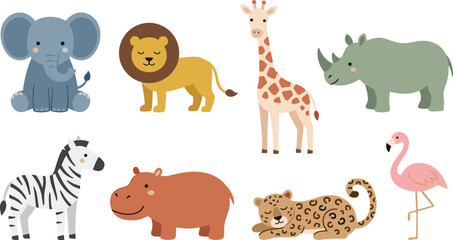 Naklejka premium Cute Minimalist Safari Animals Vector Clip Art Set Featuring Cartoon Elephant Lion Giraffe Rhinoceros Zebra Hippopotamus Leopard and Pink Flamingo Icons