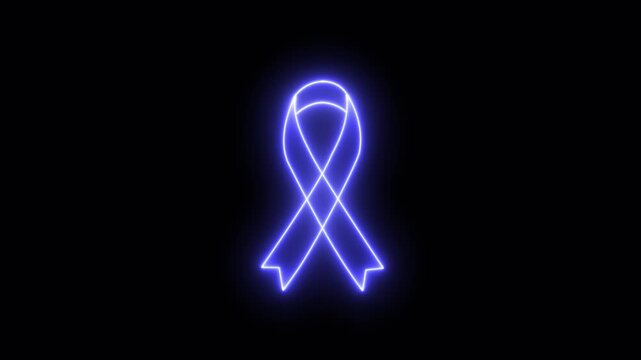 4K Blue color neon mourning ribbon stock animation. Slow motion breast cancer awareness symbol on Black Background. Vibrant Fluorescent signal Animation with alpha channel.