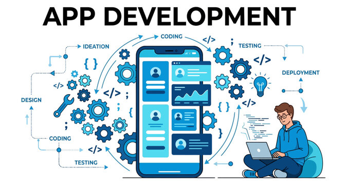 Programmer coding mobile application on laptop with gears and flow chart for app development isolated on white background
