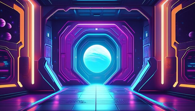 ai generated ai generative futuristic space ship galaxy alien door gate entrance sci fi concept neon indoor architecture graphic art