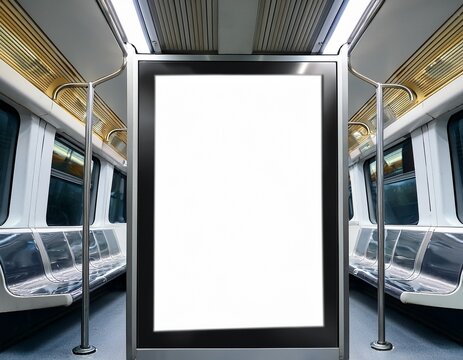 empty vertical billboard frame inside subway train blank white ad space for urban public transport marketing mockup